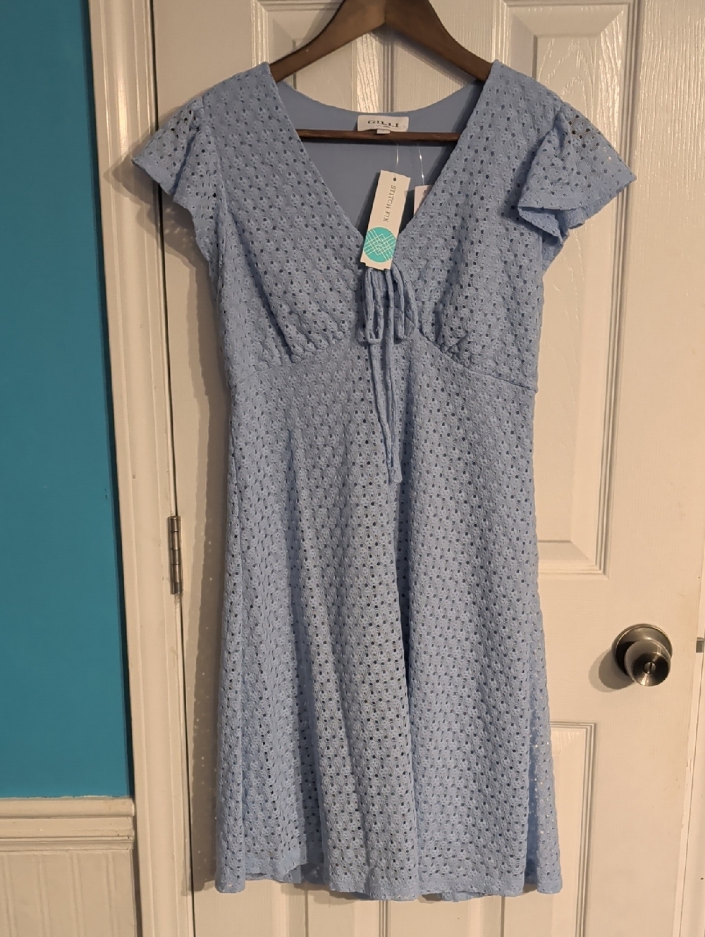 Gilli Light Blue Eyelet V-Neck Midi Dress